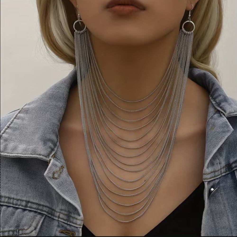 Draped EARRINGS Multi-Chain Silver Statement Necklace
